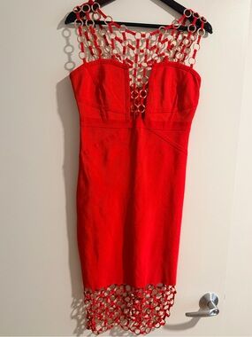 WOW couture Red Midi Sheath Dress with Chain-Link Trim